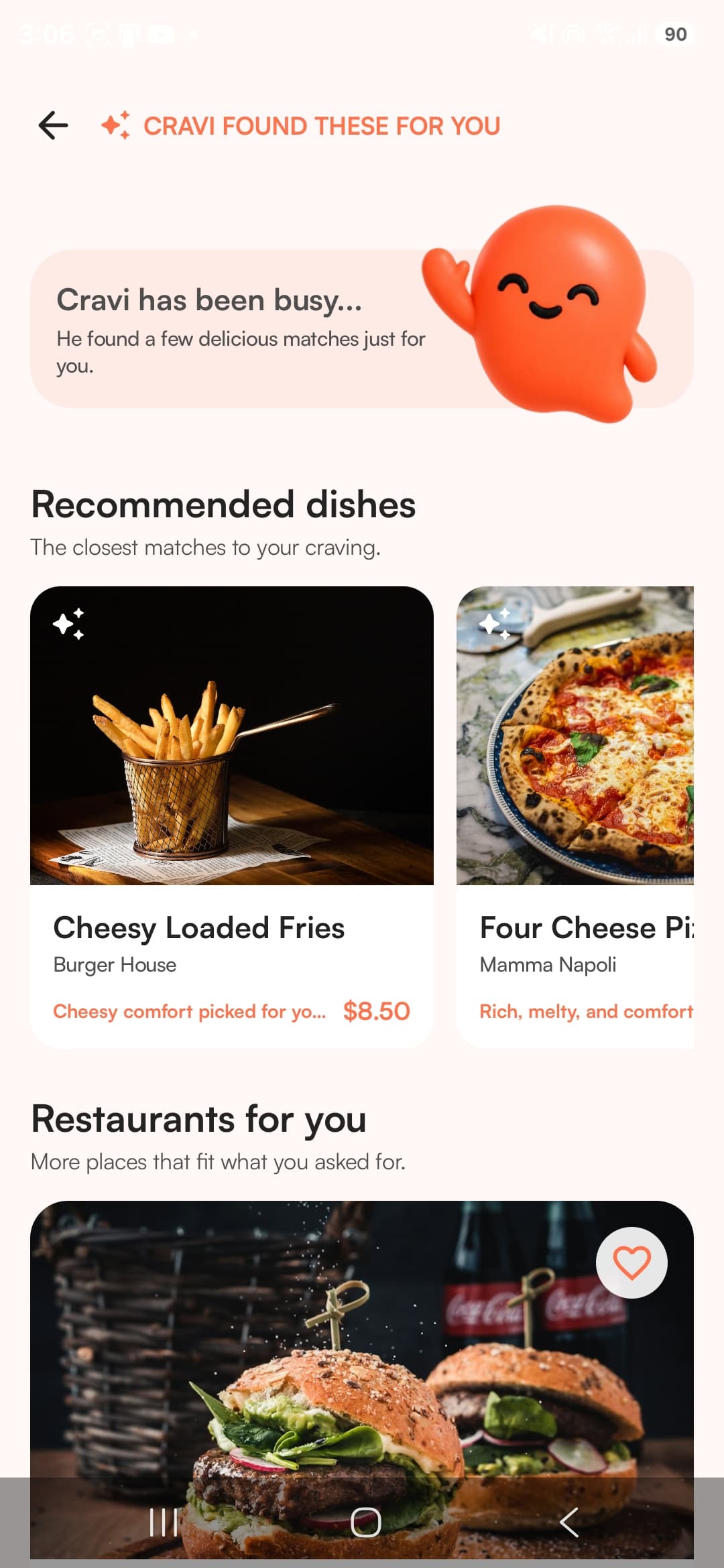 Cravio restaurant recommendation screen